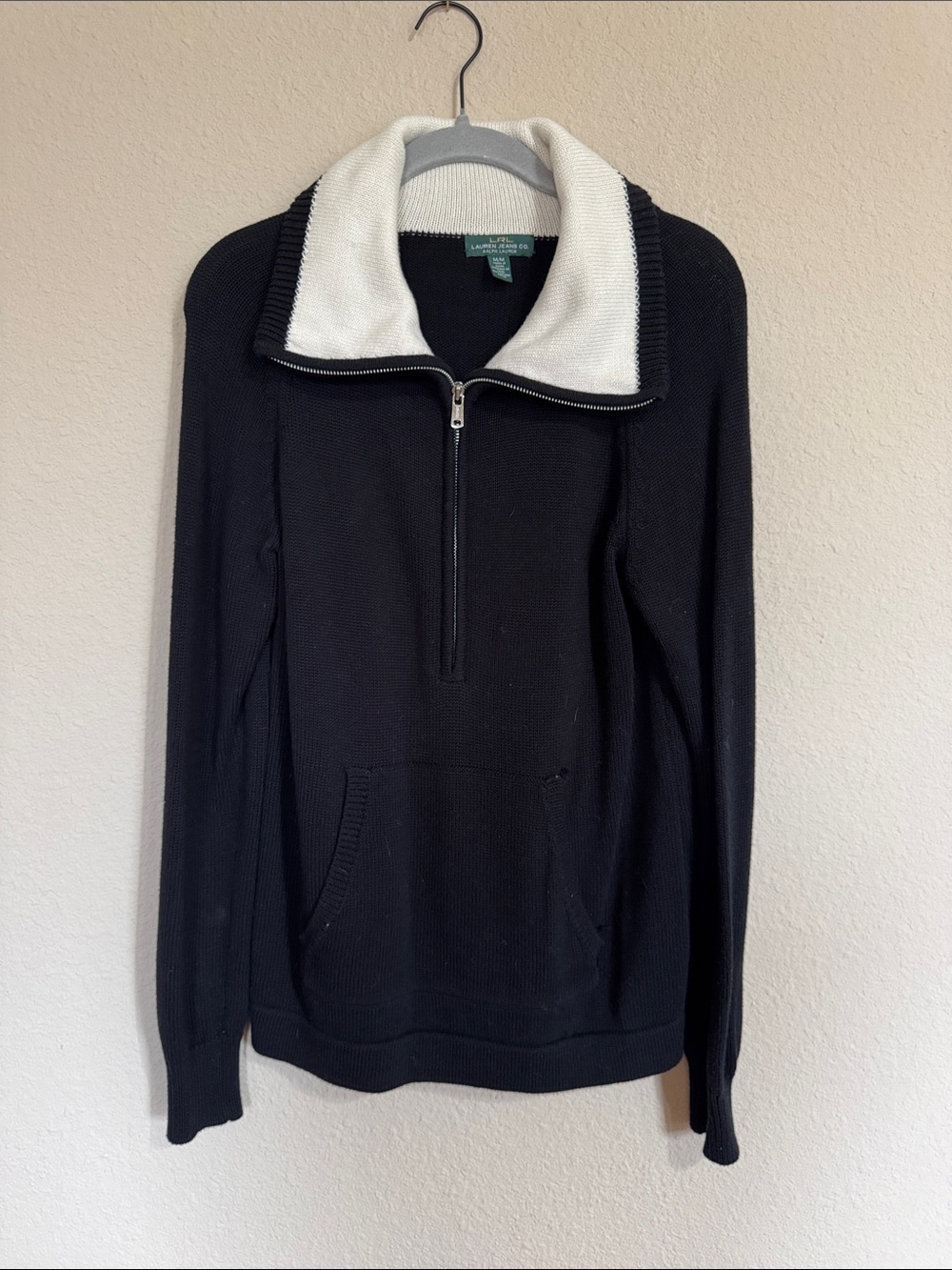 Ralph Lauren Black Half-Zip Sweater with White Fold Collar